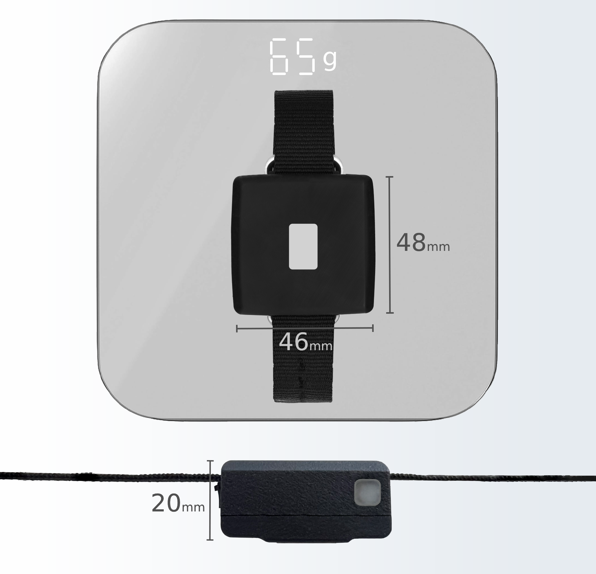 Technical specifications of RAD device: Compact size 48x46x20 mm and lightweight 65 grams.
