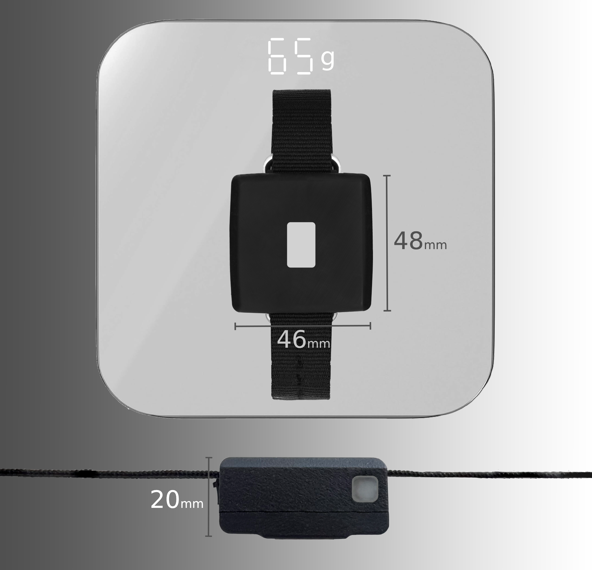 Technical specifications of RAD device: Compact size 48x46x20 mm and lightweight 65 grams.